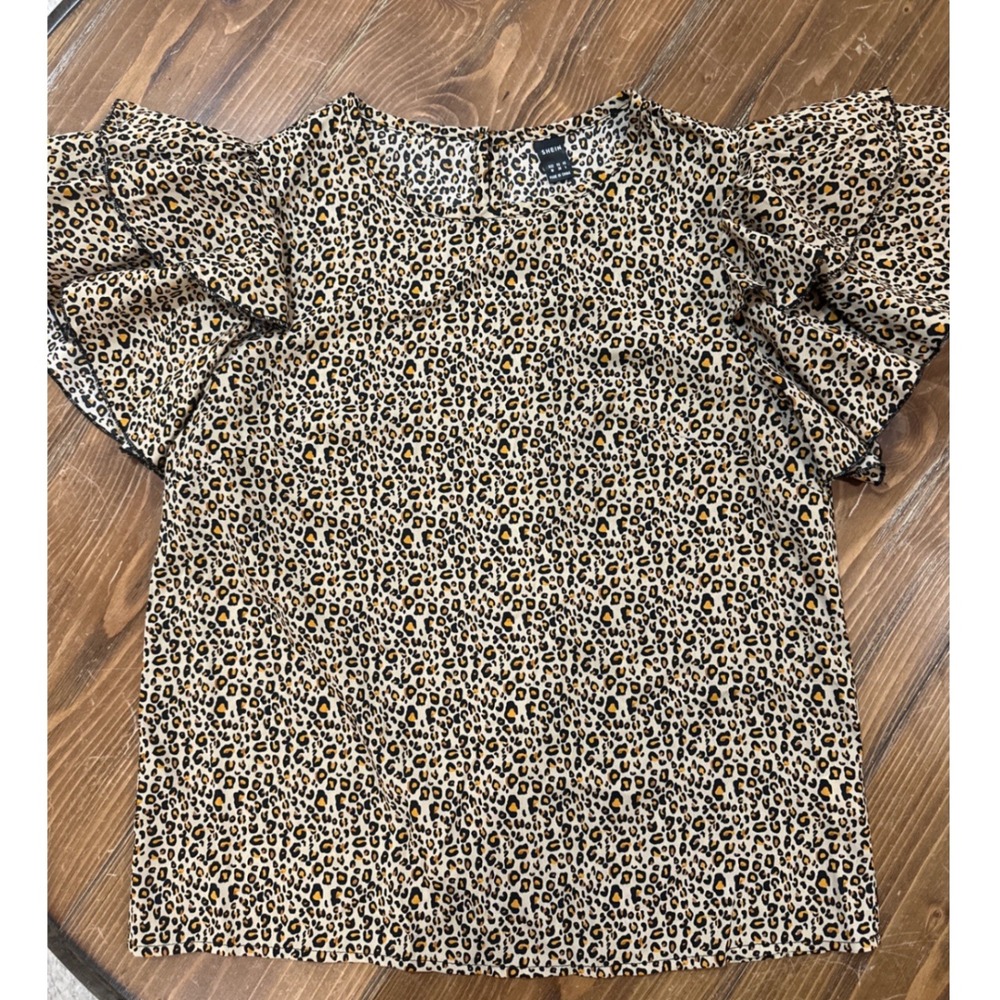 Women's Top Blouse Cheetah Brown Black Animal Scoop‎ Neck Flutter Short Sleeve M